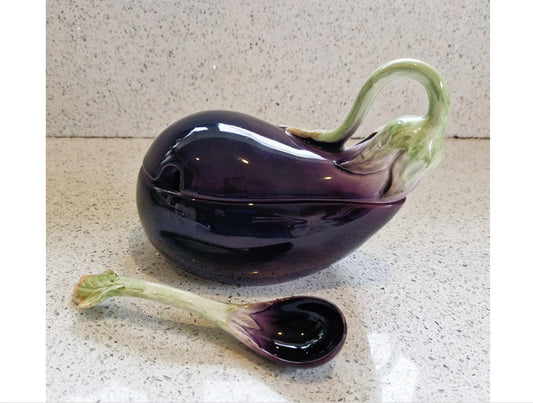 Fitz and Floyd Aubergine Shaped Bowl, Lidded, With Spoon, Aubergine Shaped Bowl