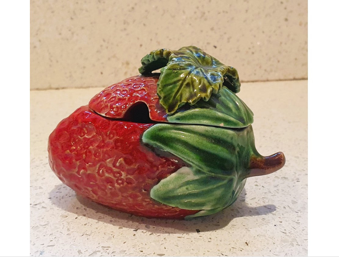 Majolica, Strawberry Jam Pot With Spoon, Quirky, Strawberry shaped,  Bowl, Dish, Jam Pot, Vintage Ceramic