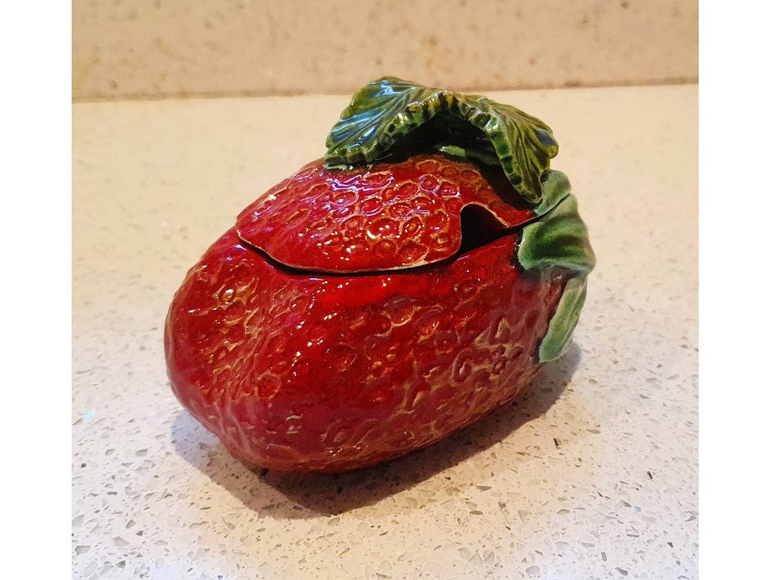 Majolica, Strawberry Jam Pot With Spoon, Quirky, Strawberry shaped,  Bowl, Dish, Jam Pot, Vintage Ceramic