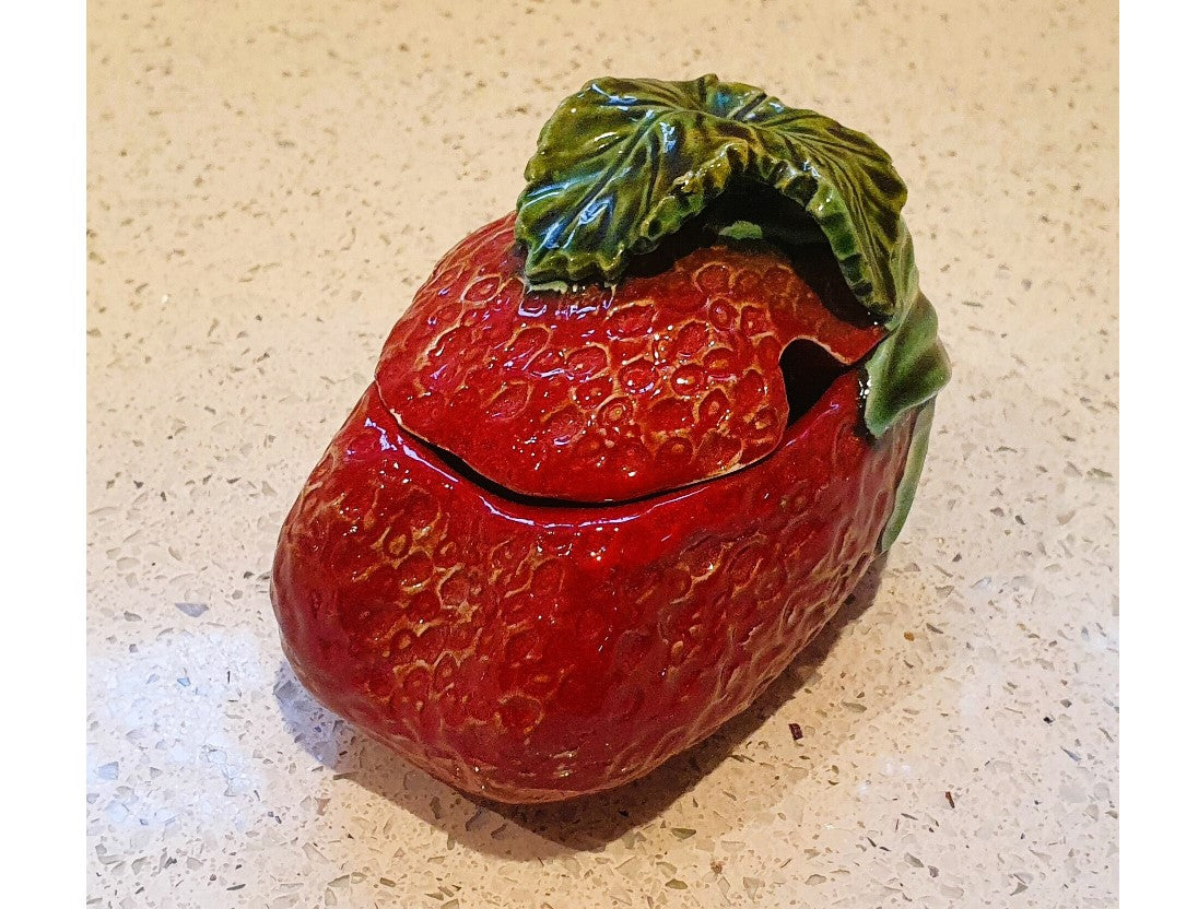 Majolica, Strawberry Jam Pot With Spoon, Quirky, Strawberry shaped,  Bowl, Dish, Jam Pot, Vintage Ceramic