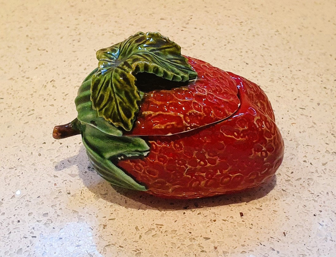 Majolica, Strawberry Jam Pot With Spoon, Quirky, Strawberry shaped,  Bowl, Dish, Jam Pot, Vintage Ceramic