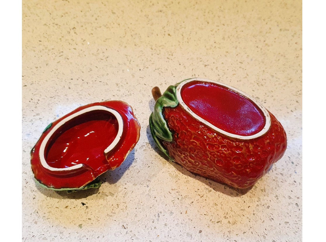 Majolica, Strawberry Jam Pot With Spoon, Quirky, Strawberry shaped,  Bowl, Dish, Jam Pot, Vintage Ceramic