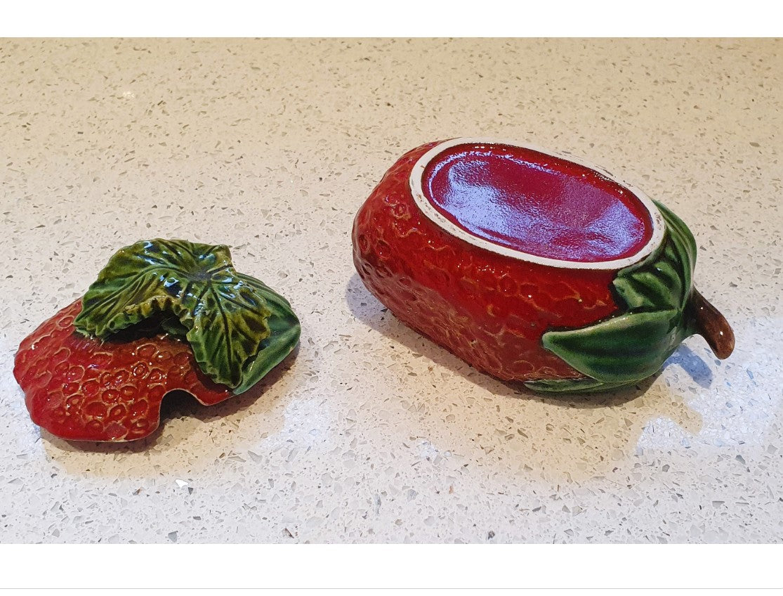 Majolica, Strawberry Jam Pot With Spoon, Quirky, Strawberry shaped,  Bowl, Dish, Jam Pot, Vintage Ceramic