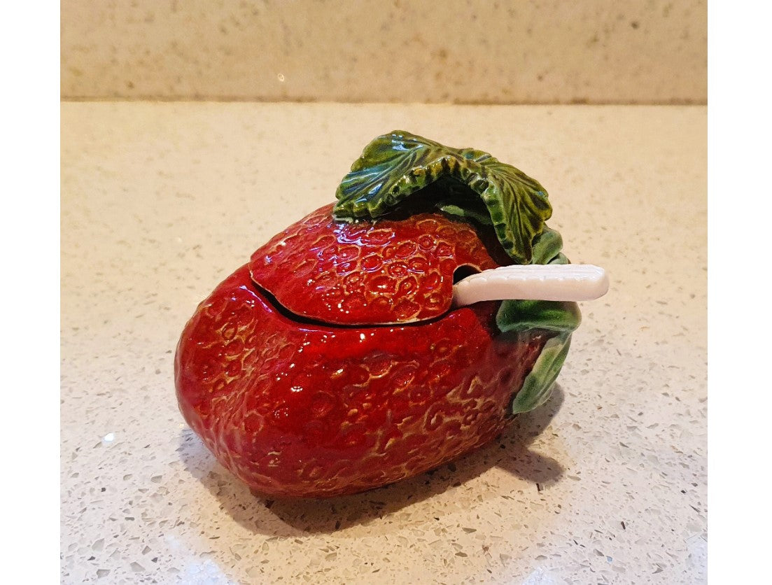 Majolica, Strawberry Jam Pot With Spoon, Quirky, Strawberry shaped,  Bowl, Dish, Jam Pot, Vintage Ceramic