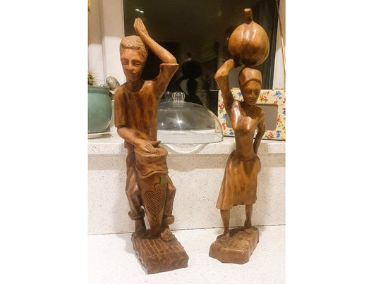 Hand Carved African Wood Sculptures, Hand Carved, Hand Made, Man and Woman, Dancing, 23 Inches High. Vintage pre loved