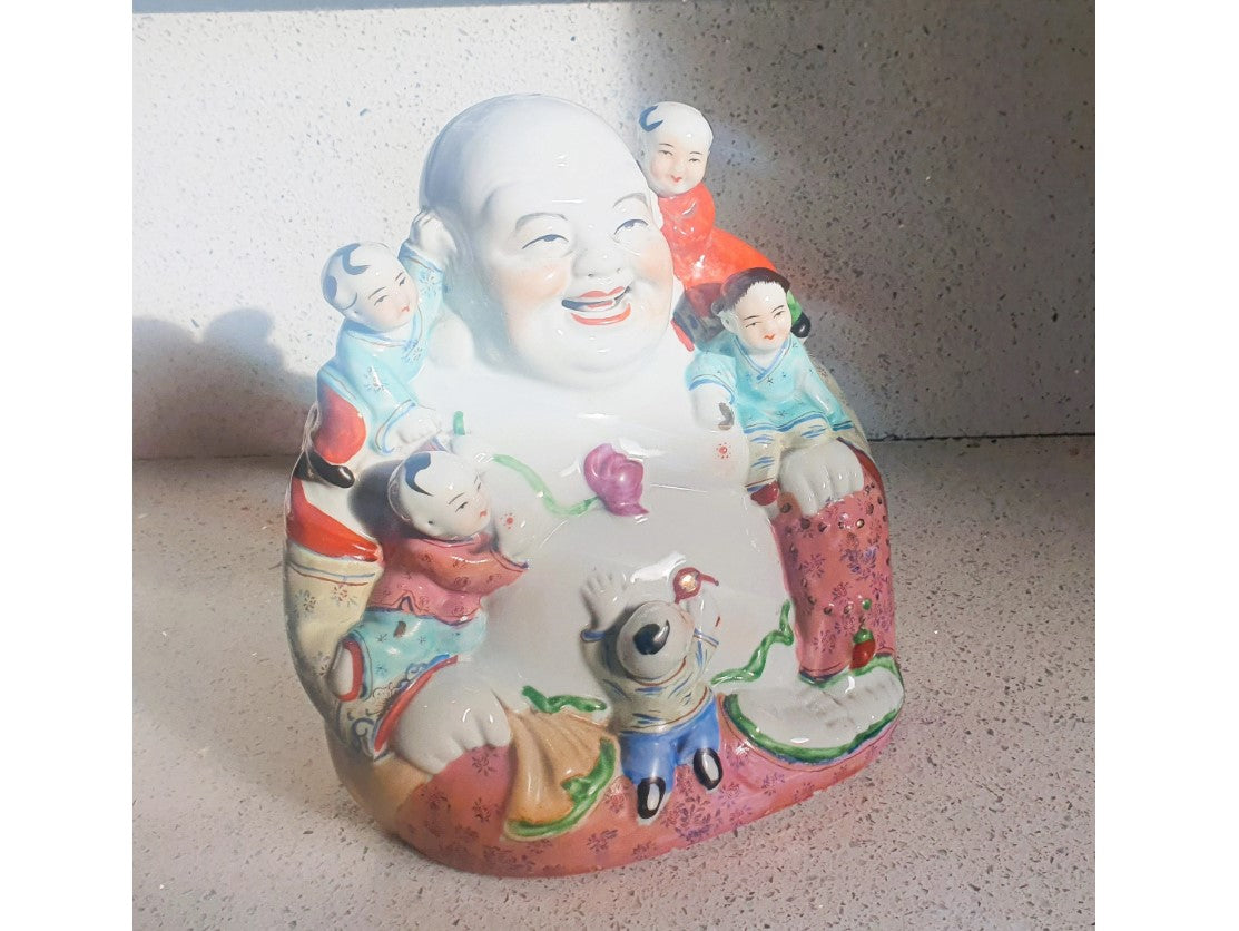 Antique Chinese Happy Buddha, 5 Children, 5 Children Buddha, Porcelain, Figurine, Buddha