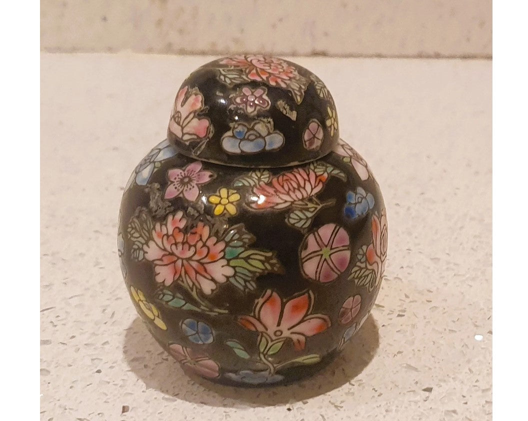 Chinese Ginger Jar, Oriental, Black, Floral, Lidded, Round, Urn, Pink, blue, green, Lotus and Chrysanthemum, Flowers, small
