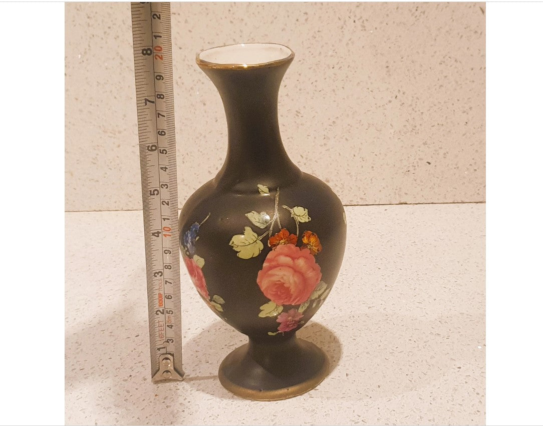 Black Vase with pink flowers, Black Vase with Pink Blossom, Blythe black vase with Hand painted Blossom - 8 Inches