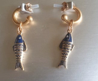 Fish Earrings, Enamel, Blue and Gold, Drop, Earrings, fish shaped