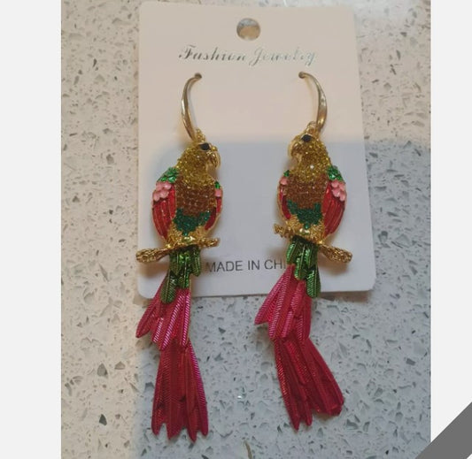 Parrot Earrings, Kitsch, Quirky, Bright, Stylish Pink, Green,  Parrot earrings