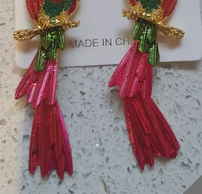 Parrot Earrings, Kitsch, Quirky, Bright, Stylish Pink, Green,  Parrot earrings