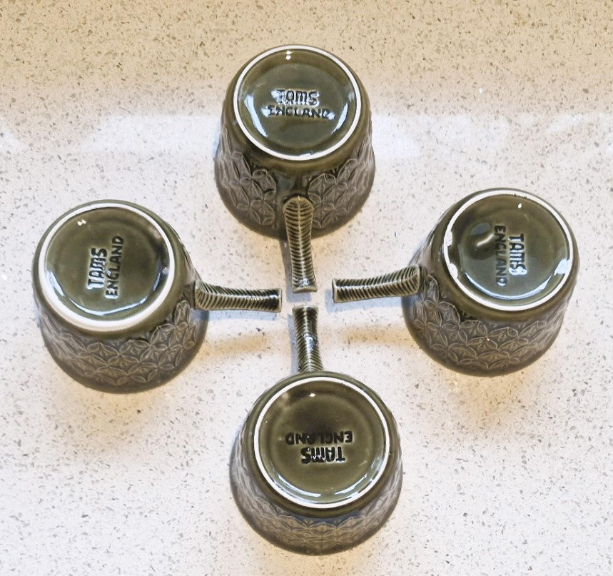 Set of 4, Tams Green Soup Coups, and Saucers, Tams Soup Bowls, Green, Moss green, Tams ware, Made in England, MCM, Mid century