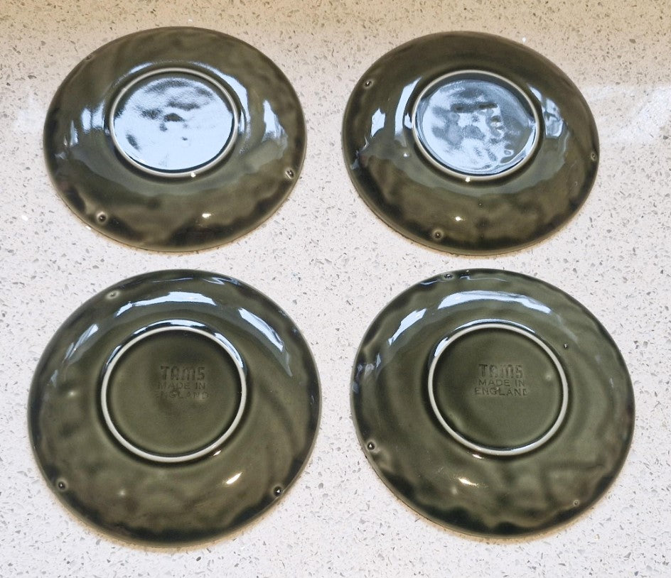 Set of 4, Tams Green Soup Coups, and Saucers, Tams Soup Bowls, Green, Moss green, Tams ware, Made in England, MCM, Mid century