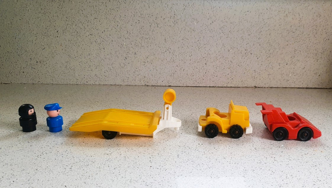 Fisher-Price Race Car, Fisher-Price Indy Race Set, Fisher-Price racing Car, Yellow Trailer and Truck, Fisher-Price Formula One Car, 1980s