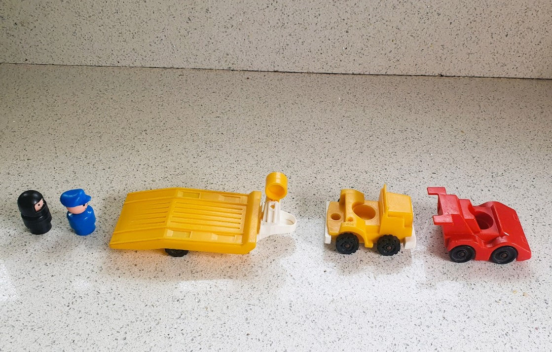 Fisher-Price Race Car, Fisher-Price Indy Race Set, Fisher-Price racing Car, Yellow Trailer and Truck, Fisher-Price Formula One Car, 1980s