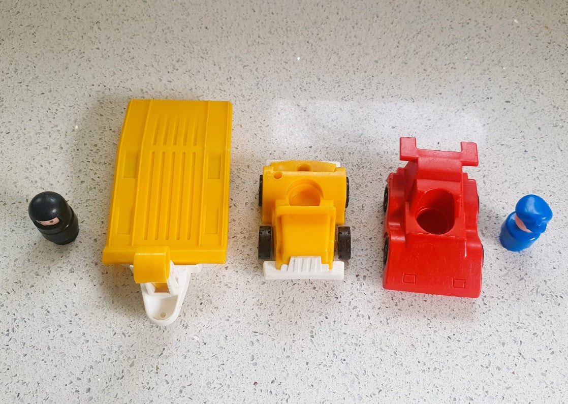 Fisher-Price Race Car, Fisher-Price Indy Race Set, Fisher-Price racing Car, Yellow Trailer and Truck, Fisher-Price Formula One Car, 1980s