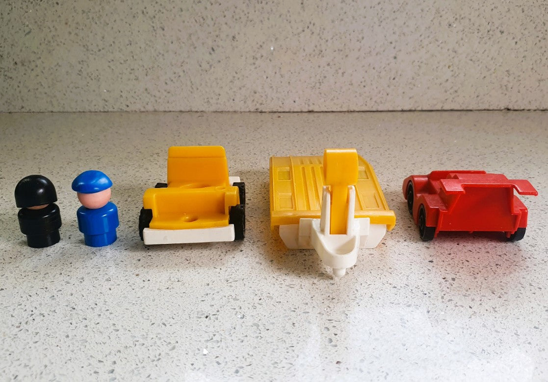 Fisher-Price Race Car, Fisher-Price Indy Race Set, Fisher-Price racing Car, Yellow Trailer and Truck, Fisher-Price Formula One Car, 1980s