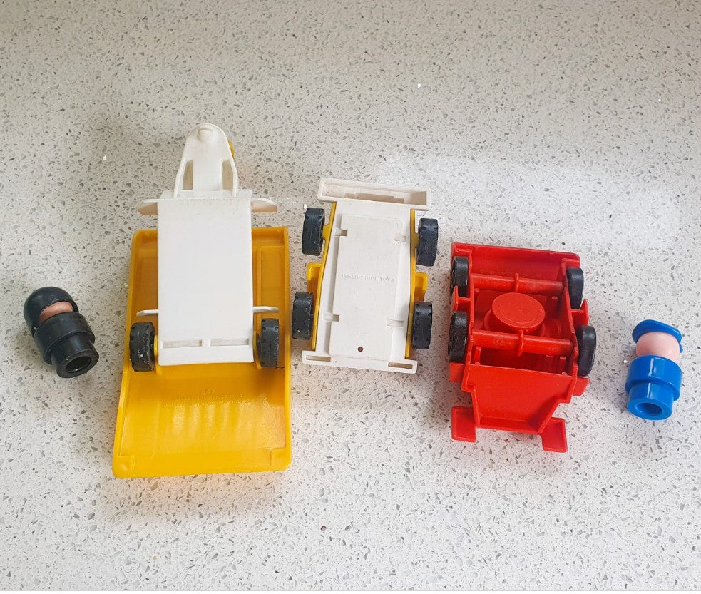 Fisher-Price Race Car, Fisher-Price Indy Race Set, Fisher-Price racing Car, Yellow Trailer and Truck, Fisher-Price Formula One Car, 1980s