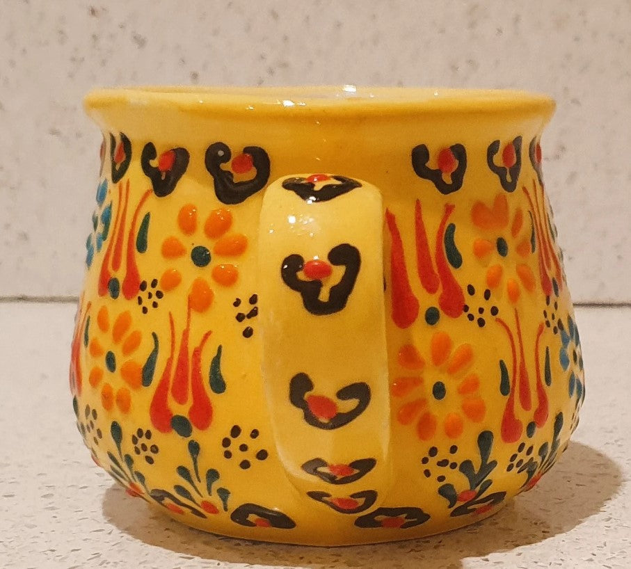 Hand Painted, Turkish, Ceramic Coffee Cup, Hand Painted Mug, Yellow, Raised design, rounded