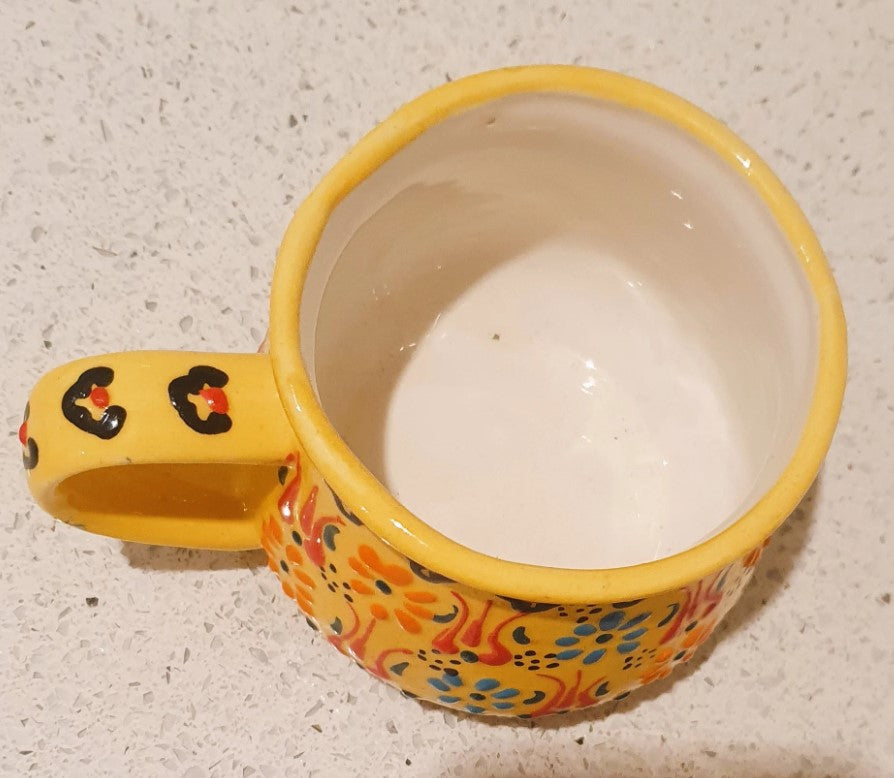 Hand Painted, Turkish, Ceramic Coffee Cup, Hand Painted Mug, Yellow, Raised design, rounded