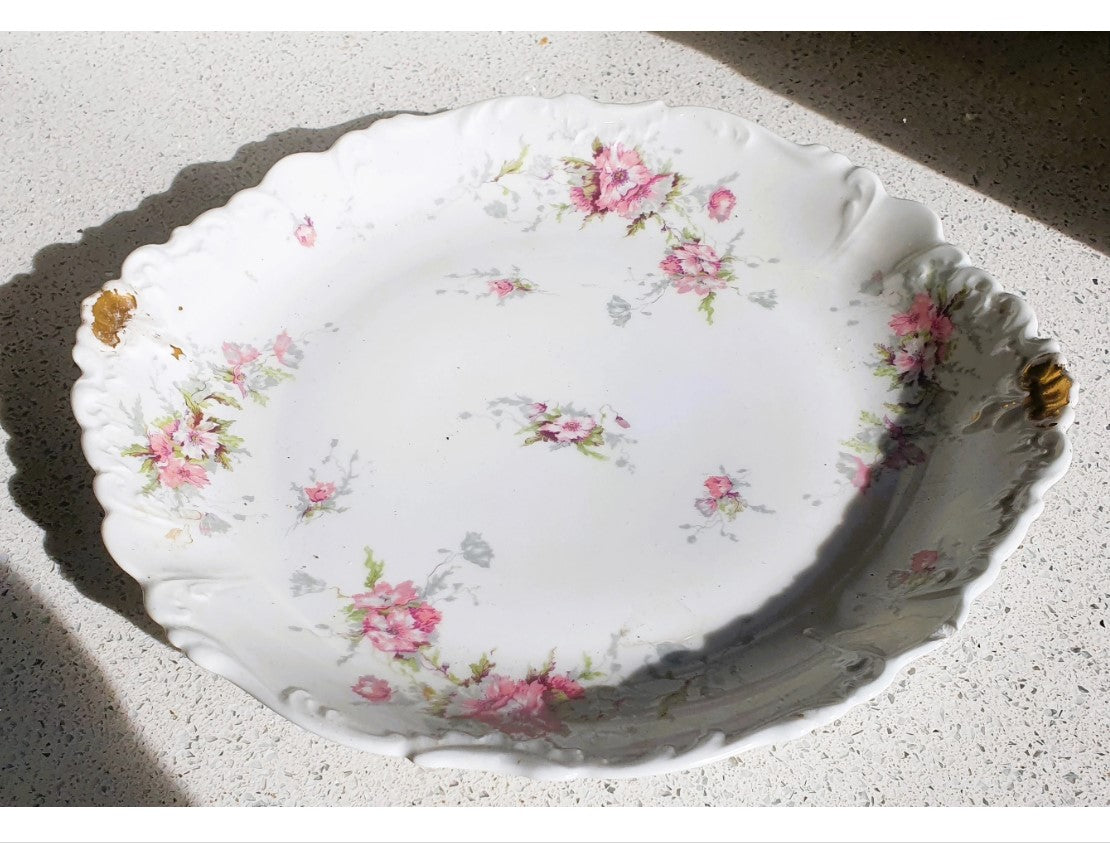 Vintage, Limoges, Theodore Haviland, Serving Platter, 11.5 Inch Chintz, Pink Flower, Fine China, French, Gold finished