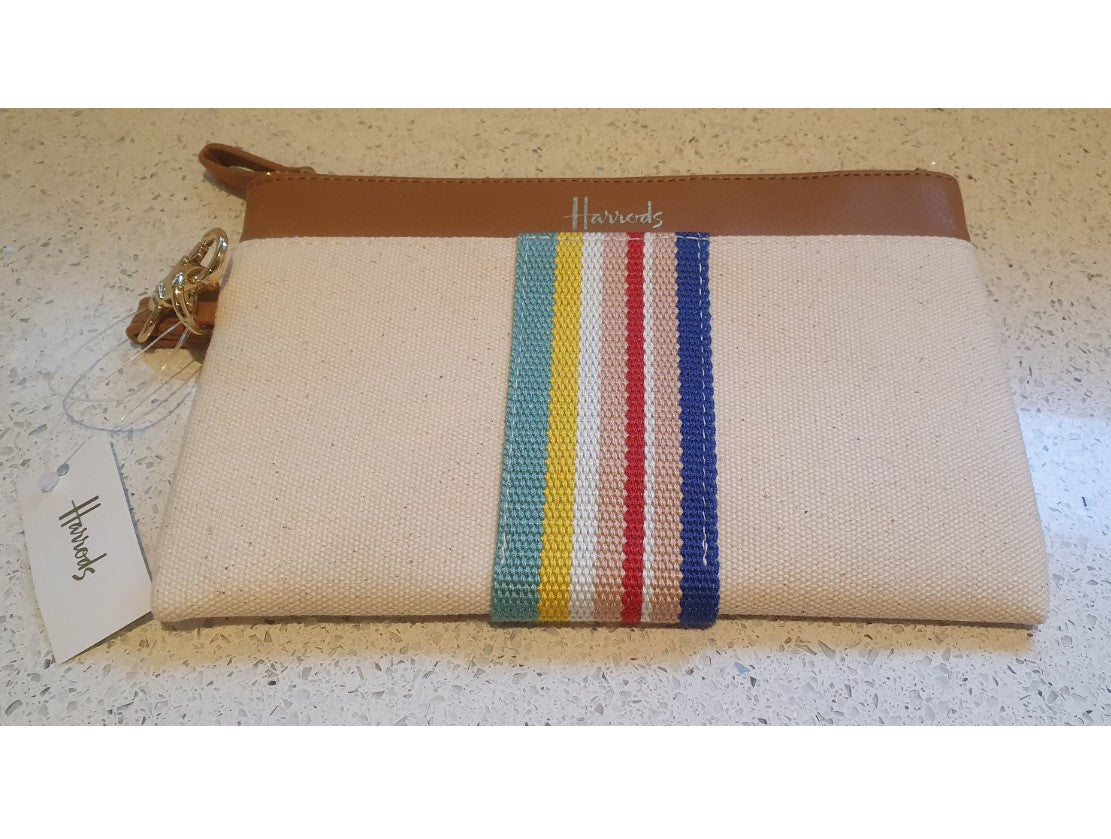 Harrods Kulturbeutel, Waschtasche, Make-up-Tasche, Geldbörse, Canvas und Leder, Regenbogenfarben, Creme, Klassisch.