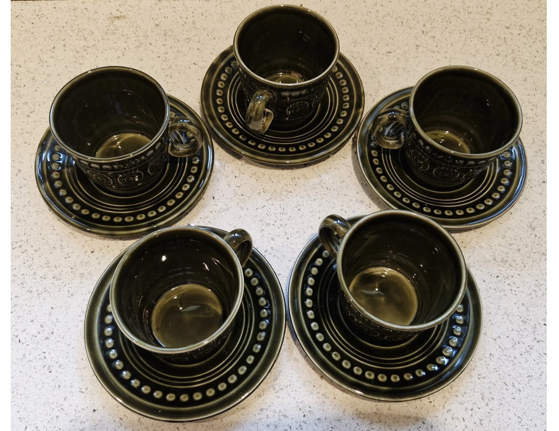 Tams Ware, Cotswold Coffee Cups & Saucers, Green, Moss Green, Dark green, 1970s, John Tams, Made in England, Price is per Cup