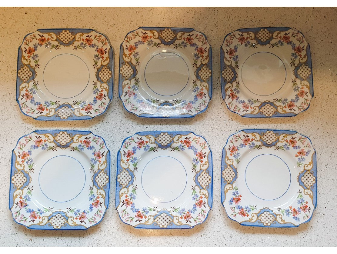 Art Deco Small Plates, Burgess Bros, Blue, White, Pink, Floral, Rare, Made in England, Staffordshire Potteries, Vintage
