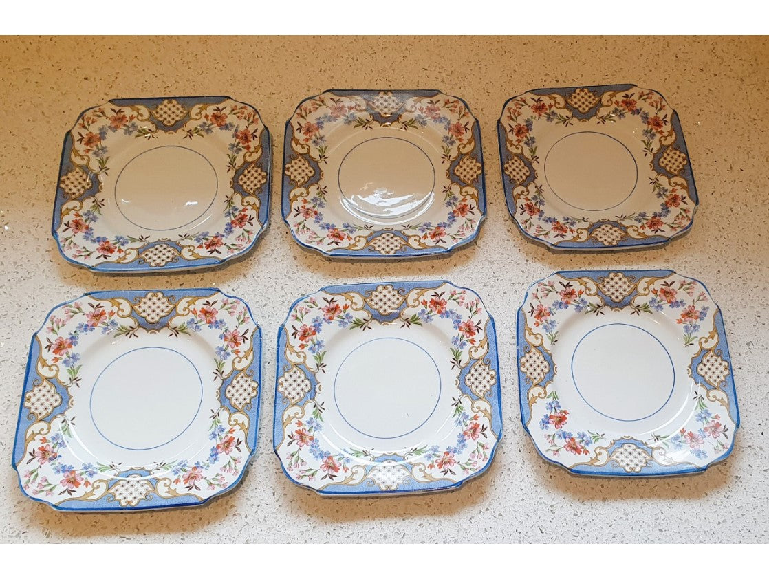 Art Deco Small Plates, Burgess Bros, Blue, White, Pink, Floral, Rare, Made in England, Staffordshire Potteries, Vintage