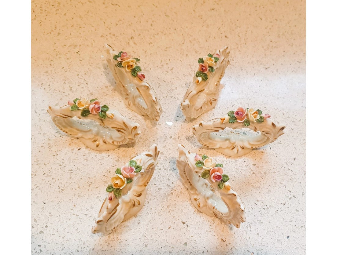 Set of vintage Napkin Rings, Set of ceramic Napkin Rings, Vintage Ceramic Napkin Rings, Vintage, Italian, Napkin rings, Set of 6, Ceramic Napkin Rings, Porcelain, Flowers