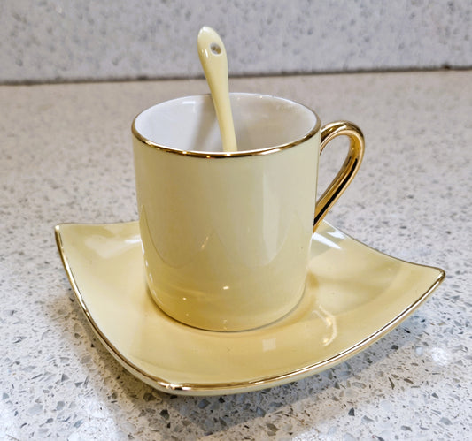 Silea Espresso Cup and Saucer,  spoon, fine china, Harlequin 