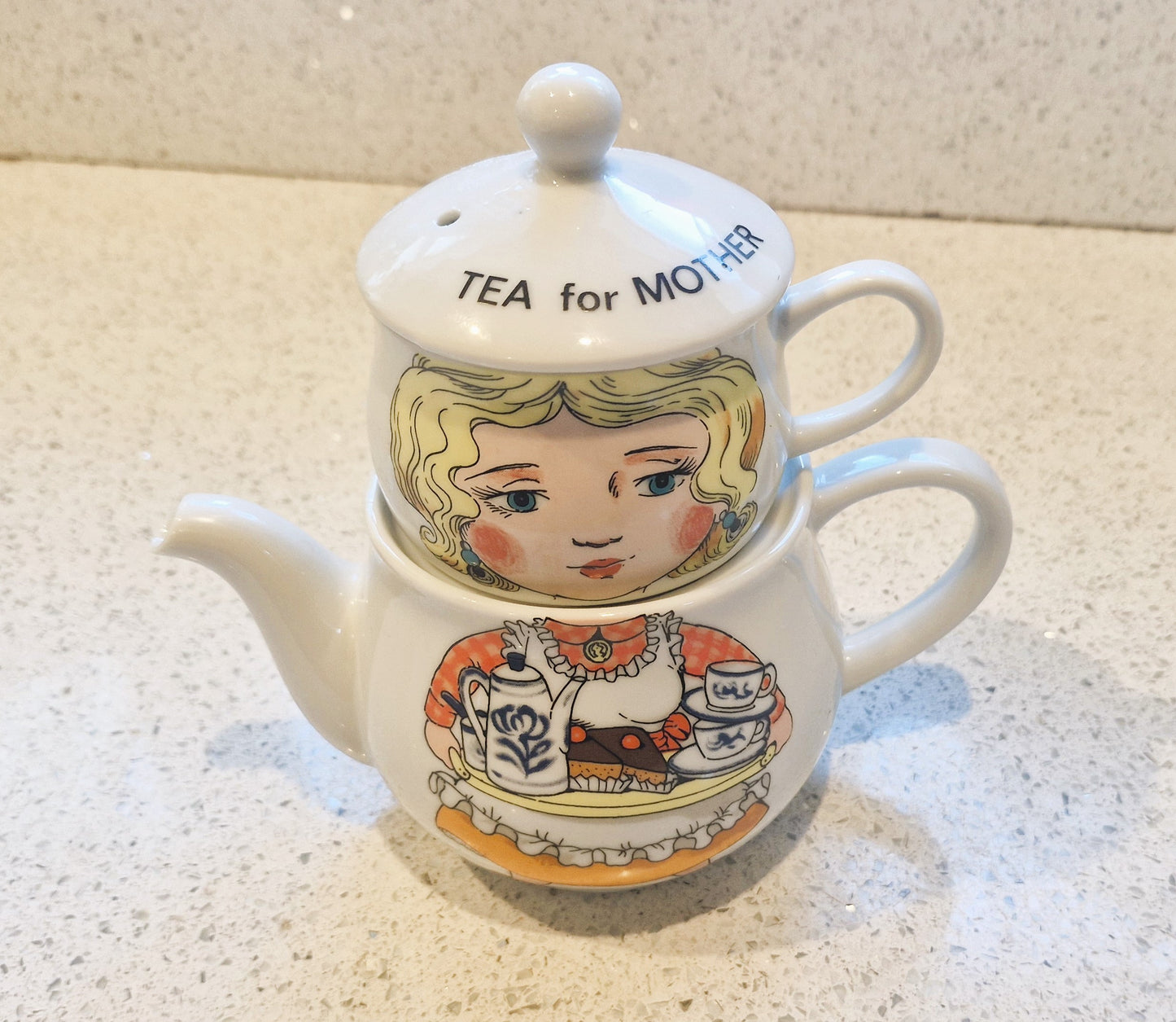 Tea for mother stackable teapot, Vintage 