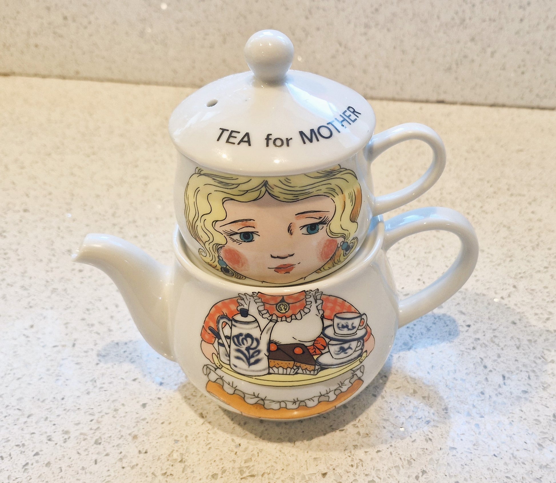 Tea for mother stackable teapot, Vintage 