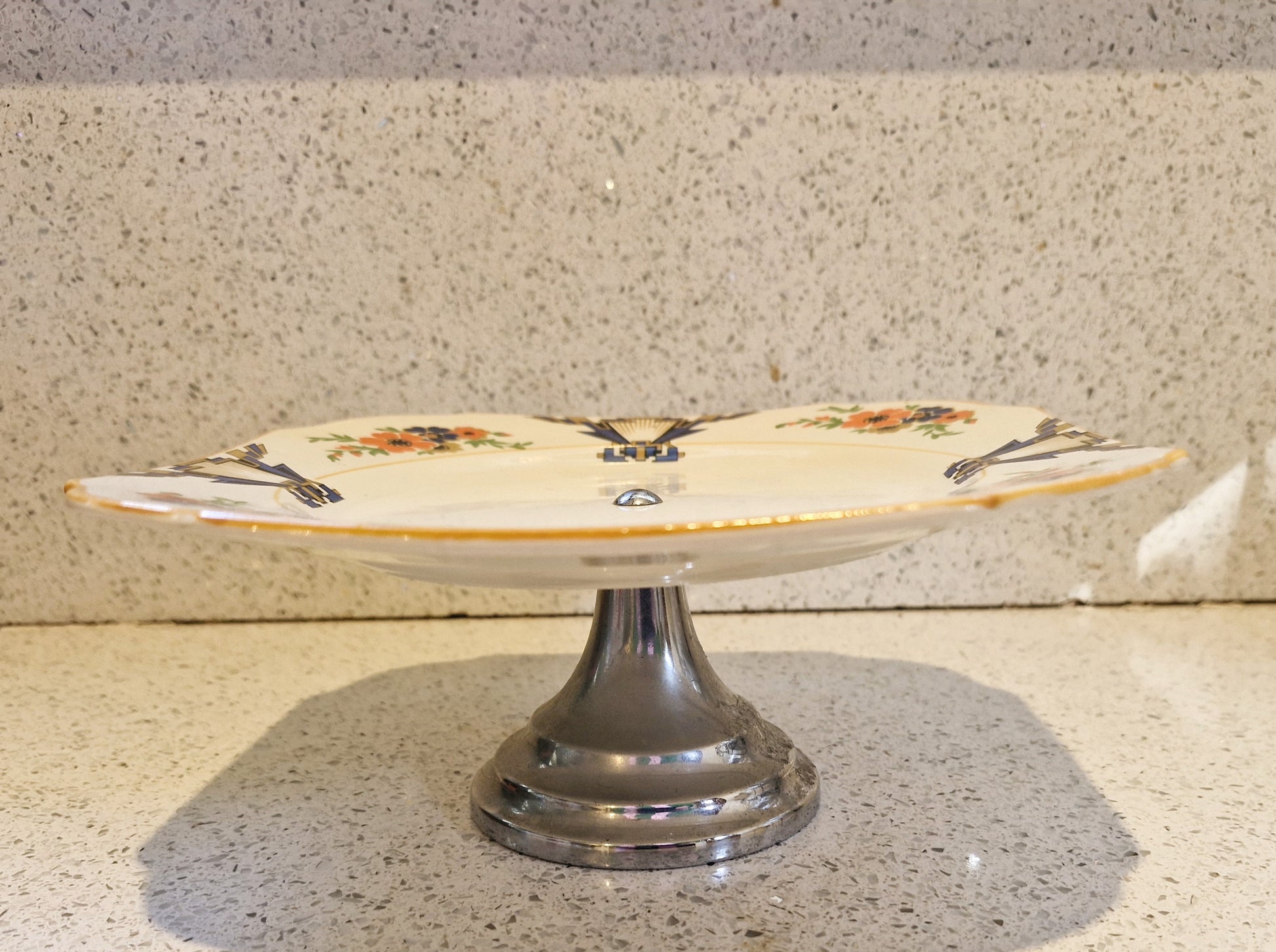 Vintage 1930s, Art Deco Hand Painted Cake Stand, Art Deco Cake Stand, Hand Painted Cake Plate, Sandwich Plate, Orange Flowers, 1930s, Made in England, Bone China 
