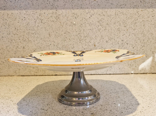 Vintage 1930s, Art Deco Hand Painted Cake Stand, Art Deco Cake Stand, Hand Painted Cake Plate, Sandwich Plate, Orange Flowers, 1930s, Made in England, Bone China 