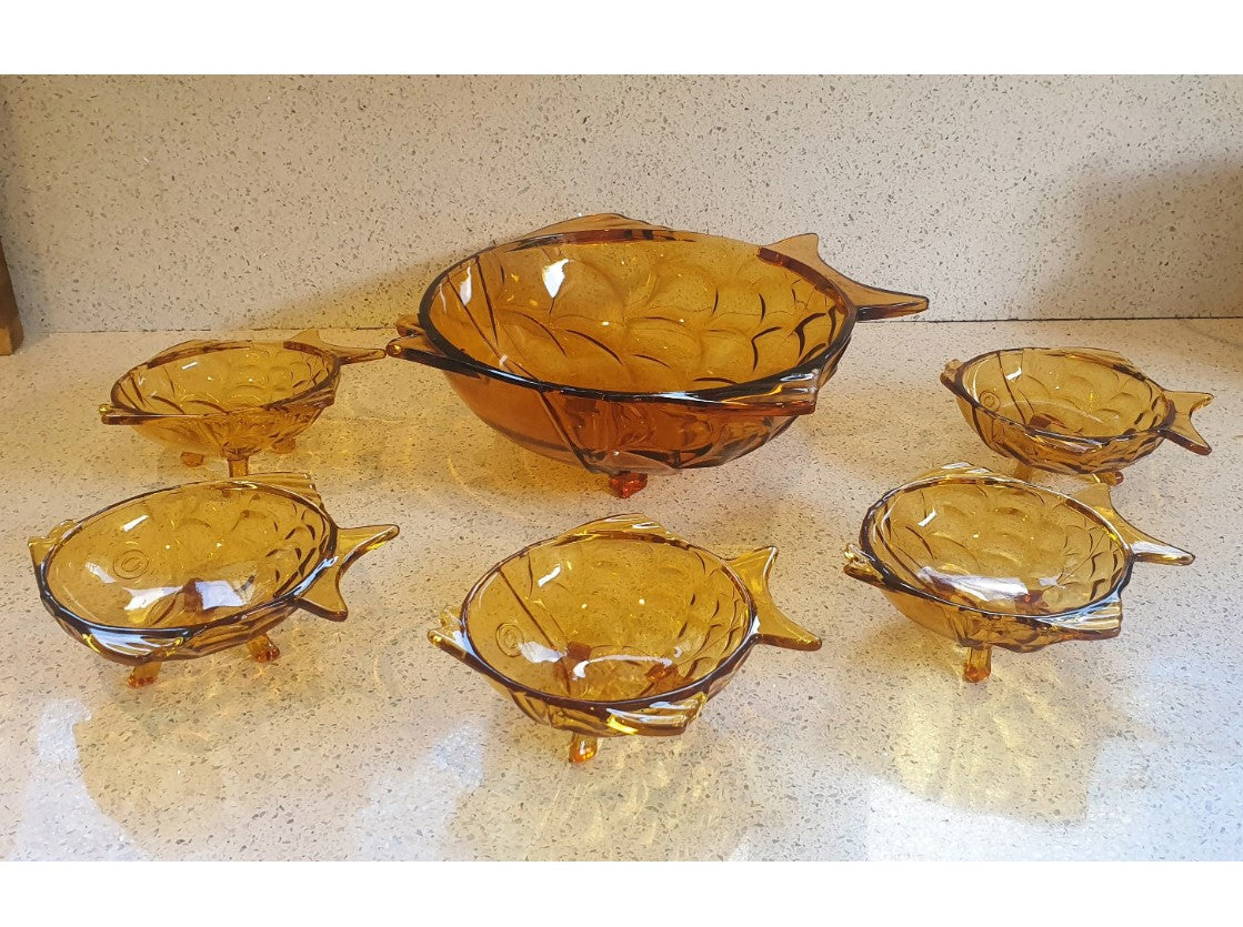 Vintage Amber Glass, Fish Shaped Bowls, Dessert Set, Fish Shaped, Fruit Bowl, Glass Fish Bowls,