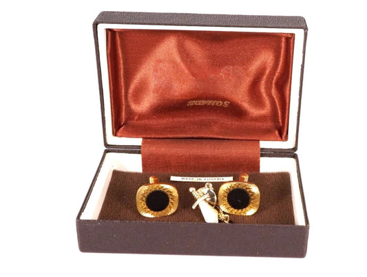 Vintage CUFFLINKS, SOPHOS, Vintage, Gold Tone, Onyx Cufflinks, Mother Of Pearl Tie Pin