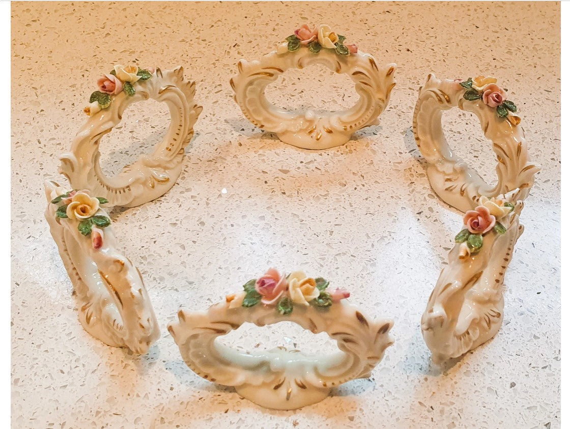 Vintage Ceramic Napkin Rings, Vintage, Italian, Napkin rings, Set of 6, Ceramic Napkin Rings, Porcelain, Flowers