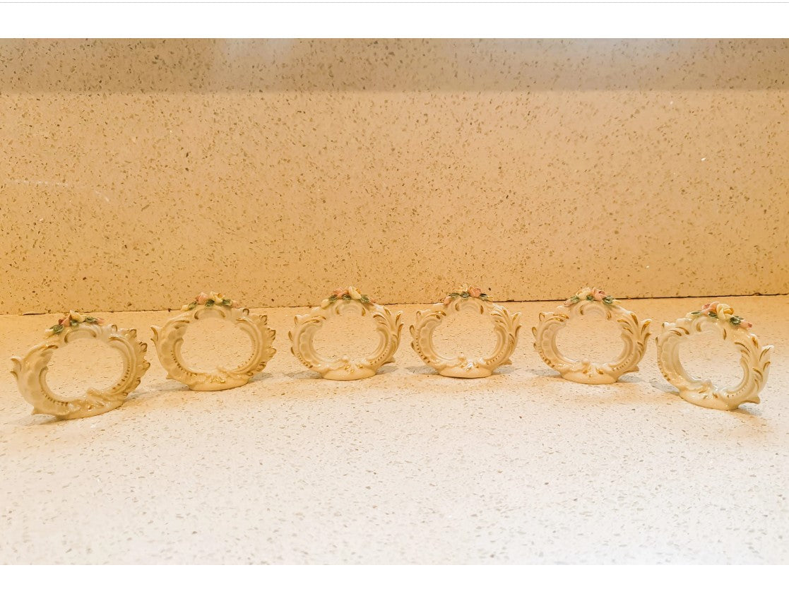 Vintage Ceramic Napkin Rings, Vintage, Italian, Napkin rings, Set of 6, Ceramic Napkin Rings, Porcelain, Flowers