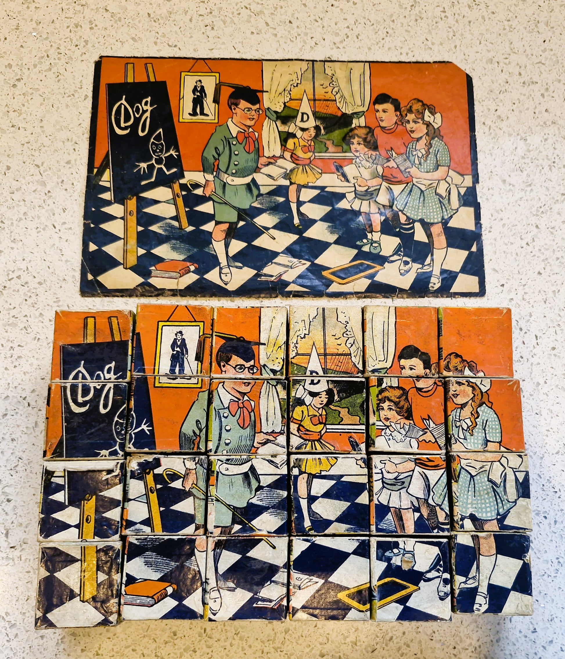 Vintage children's educational puzzle with illustrations of a teacher and students on a checkered floor.