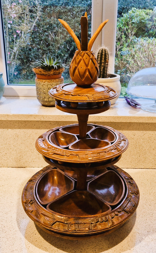 Vintage, Wooden, Large, Pineapple, Centrepiece, Lazy Susan, Tiki, Serving, Bowls, Cake Stand, Monkey Pod, 3 Tier