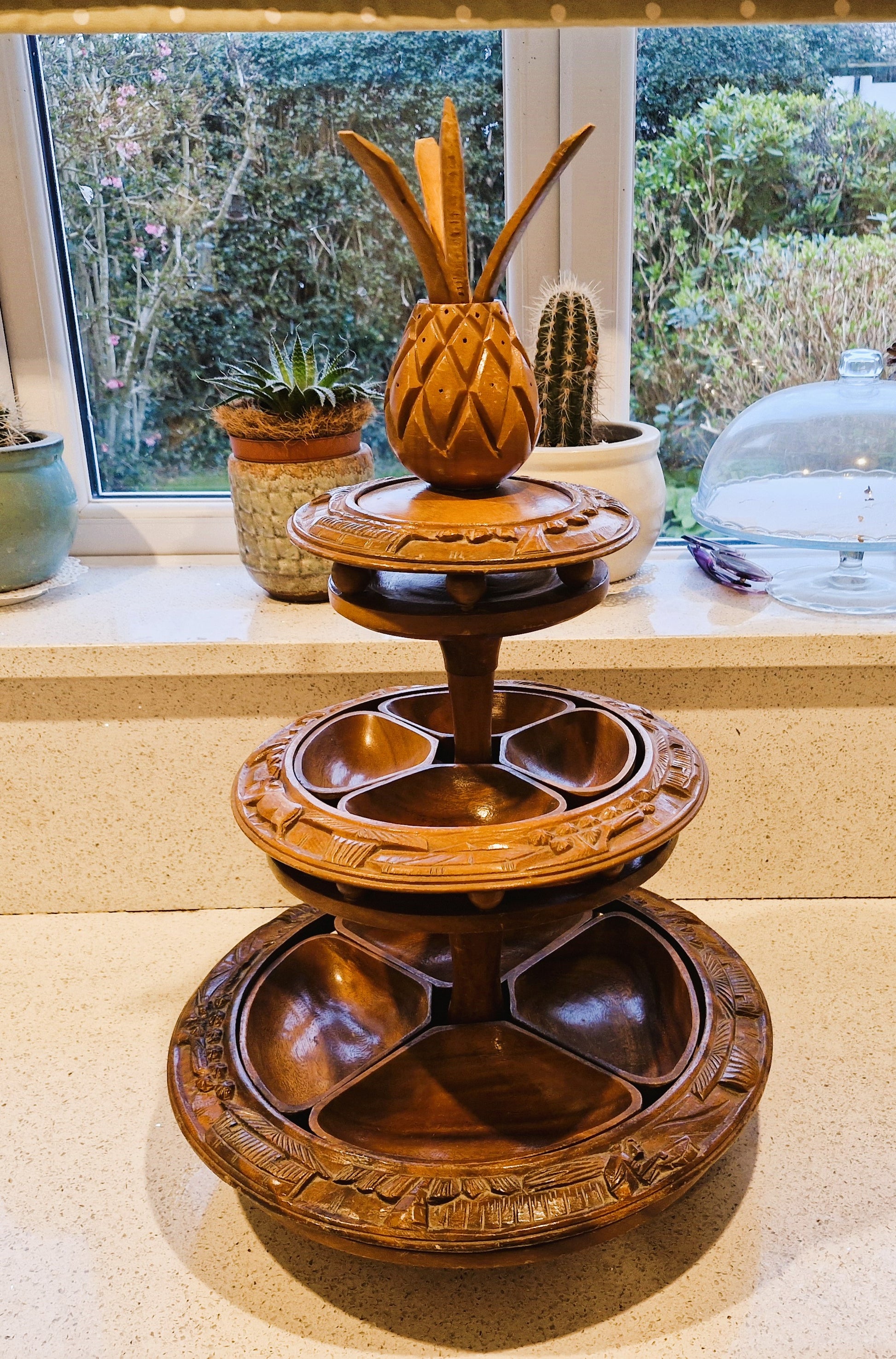 Vintage, Wooden, Large, Pineapple, Centrepiece, Lazy Susan, Tiki, Serving, Bowls, Cake Stand, Monkey Pod, 3 Tier