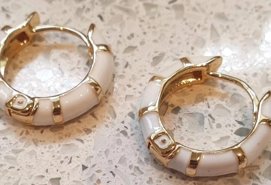 White Enamel Hoop Earrings, Hoop Earrings, Enamel, White, Gold, NEW, 2cm