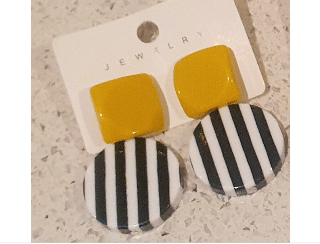 80s Style Earrings, Black, White, Black and White Stripes, Bold, Plastic, Colourful, Big