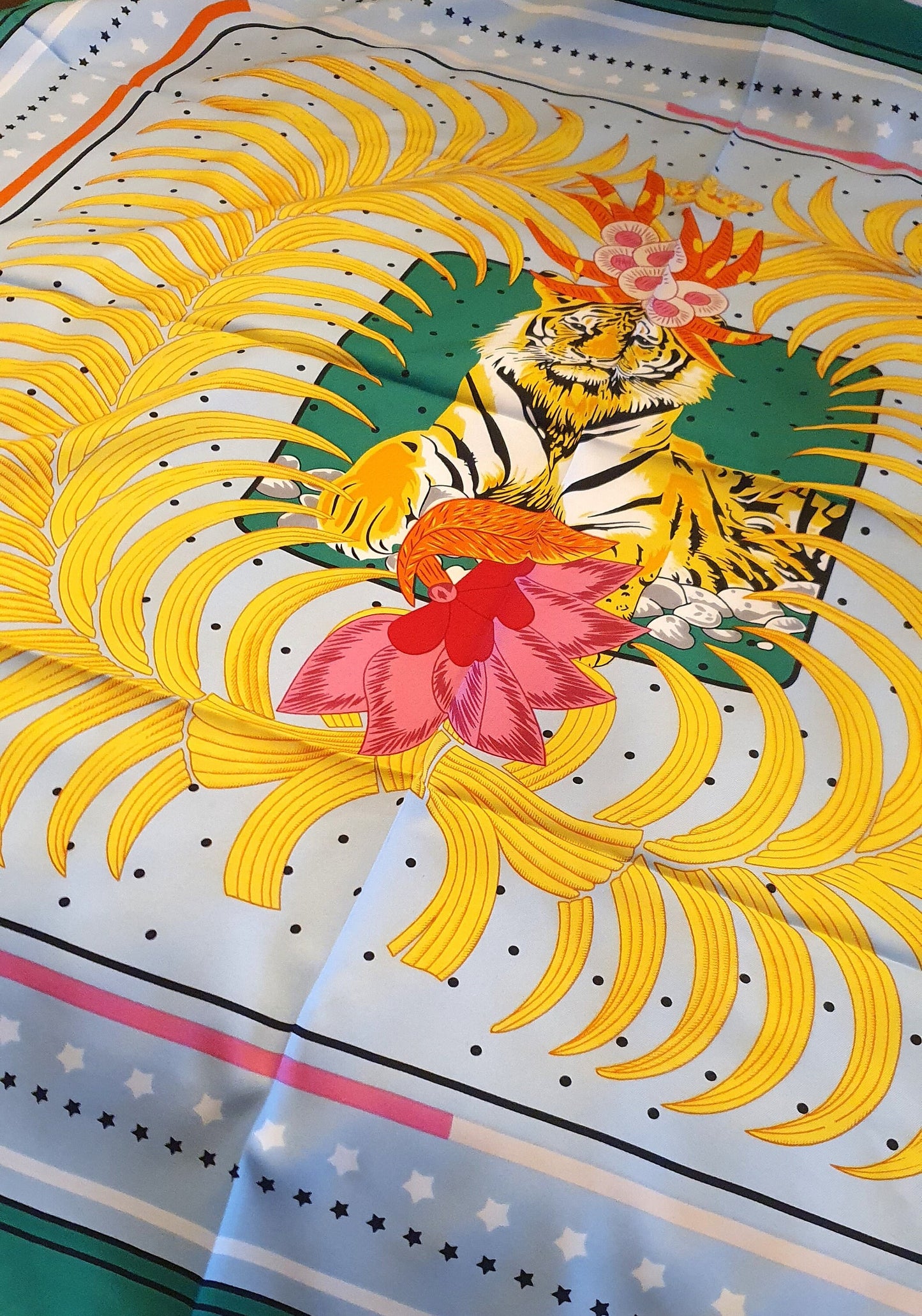 Large, Faux Silk Scarf, Hand Printed, Tiger design, Large, 83cm, Bold, Bright, Green, Yellow, Colourful, Hijab
