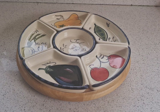 Vintage Lazy Susan, Tapas, Lazy Susan, Ceramic, Tapas, Dips, Crudities, Olives, Wooden, Aubergine, Very Good condition, complete