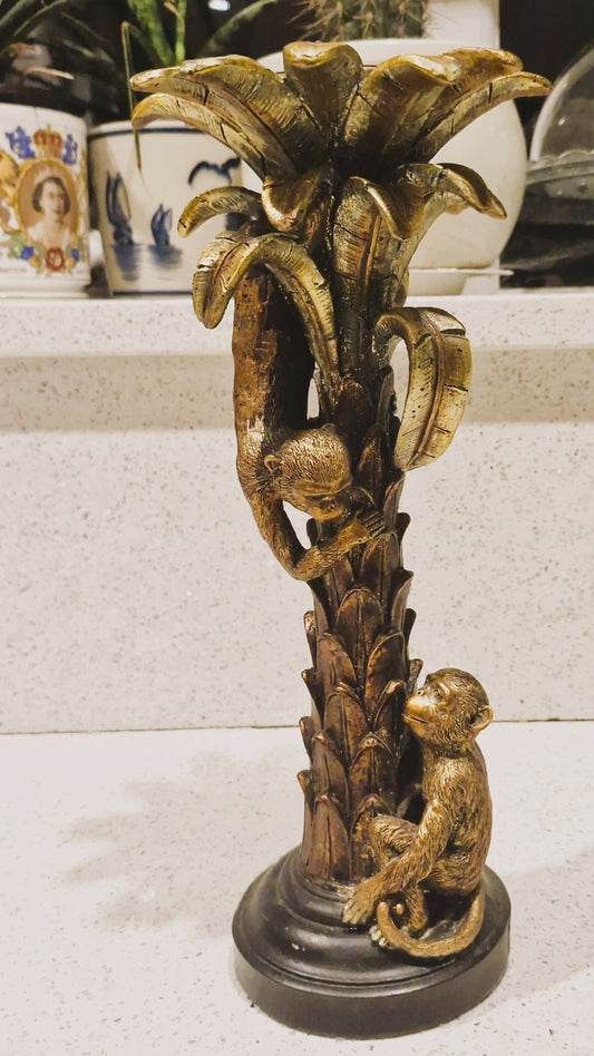 Large Monkey on Palm Tree Candle Holder, Monkies, Candlestick, Pillar Candle, Bronze, Gold, Approx 14 Inches