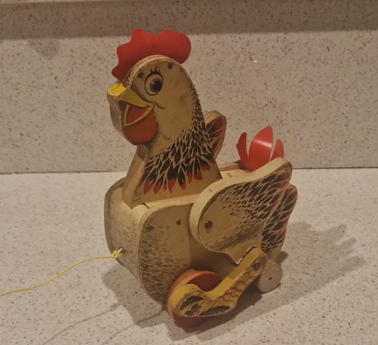 Cackling Hen by Fisher Price #120: Vintage Fisher Price Toys, chicken, Wooden, pull along toy, 1950s Fisher Price