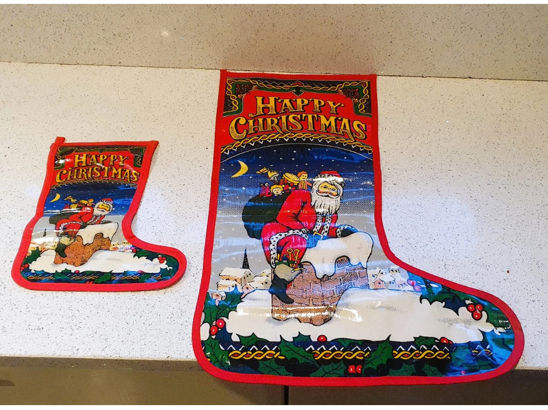 Large Christmas Stocking, Vintage Christmas Stocking, Vintage Santa vintage Father Christmas, Large Oil cloth Christmas Stocking